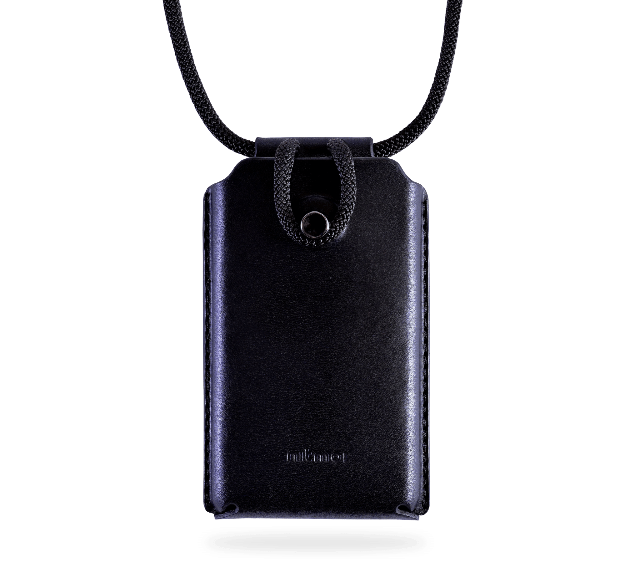 A black leather phone bag from Nitmoi, with adjustable cord and a cord closure to keep a phone safe.